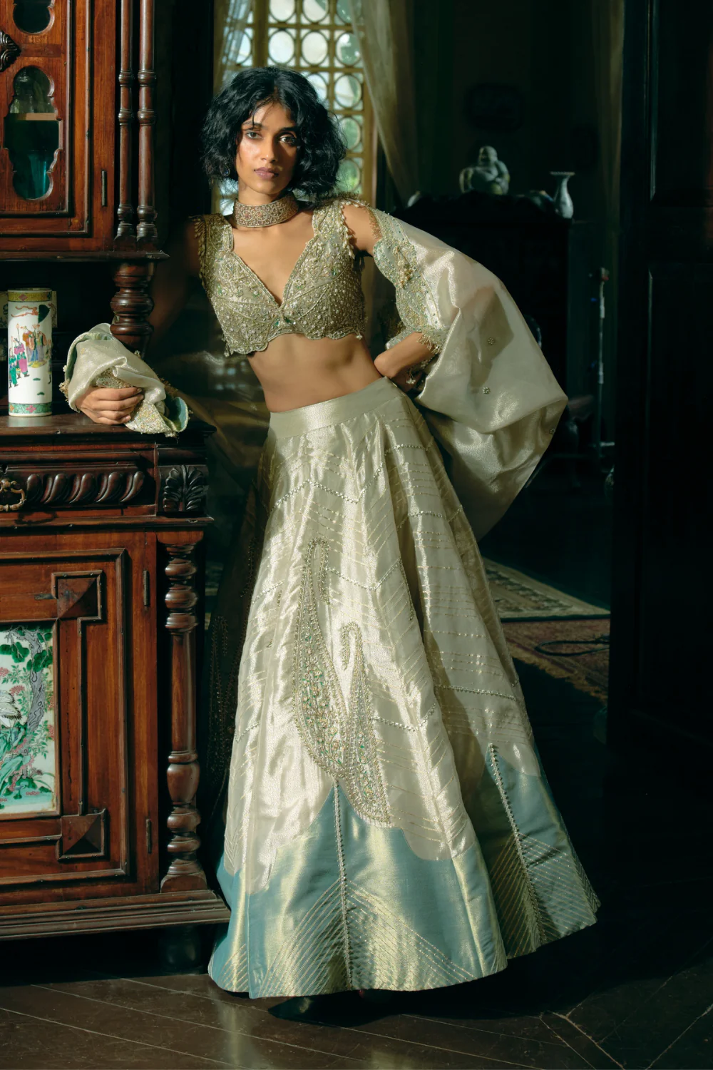Aamna Sharif in our Pearl gold silk zari tissue lehnga set - Image 8