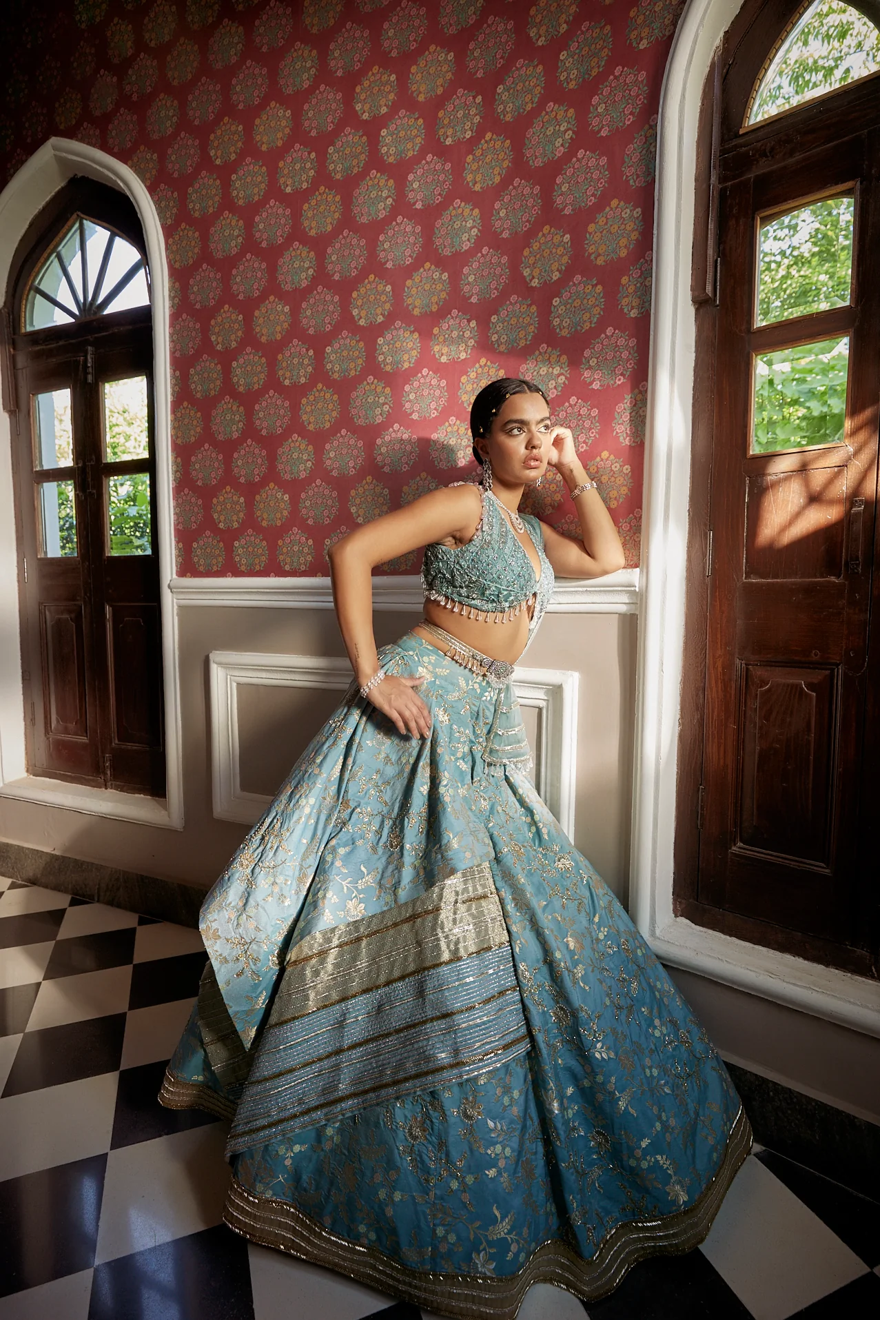 Esha Gupta in BLUE SILK FLORAL LEHENGA - Image 5