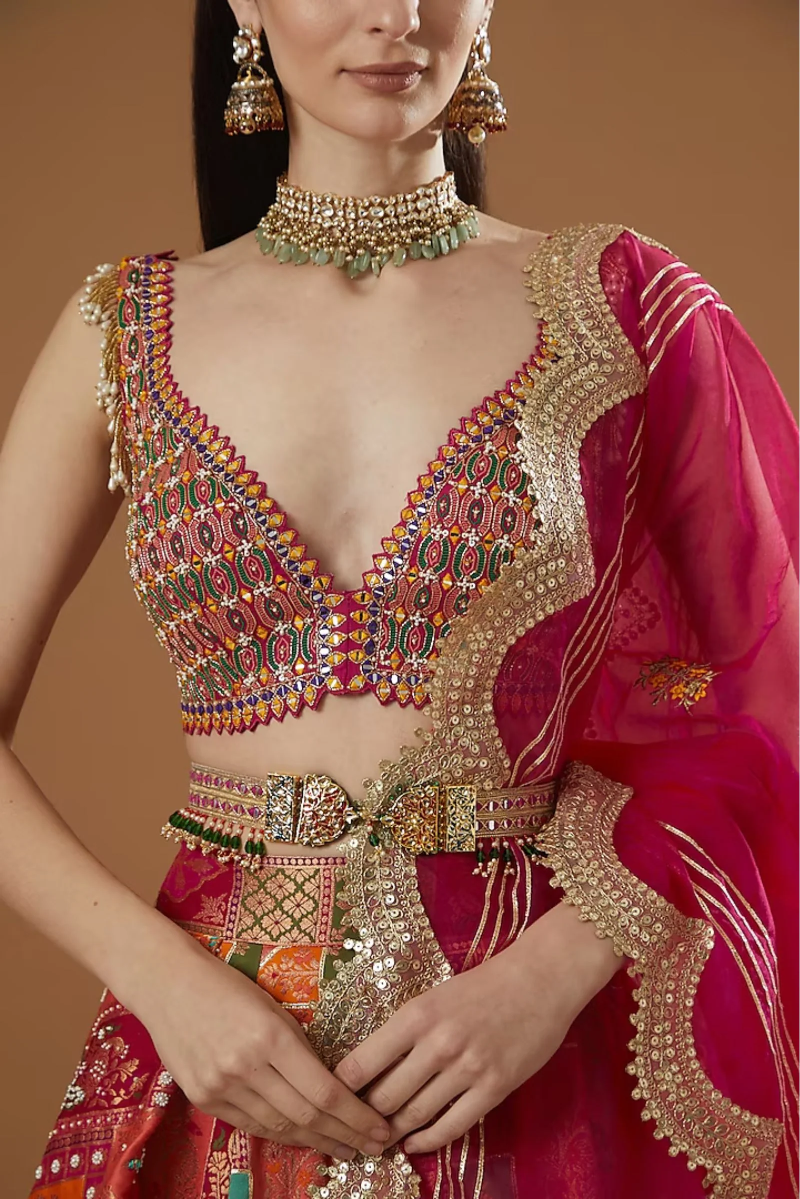Natasha Luthra in Coral ABSTRACT JAMAWAR LEHENGA - Image 5
