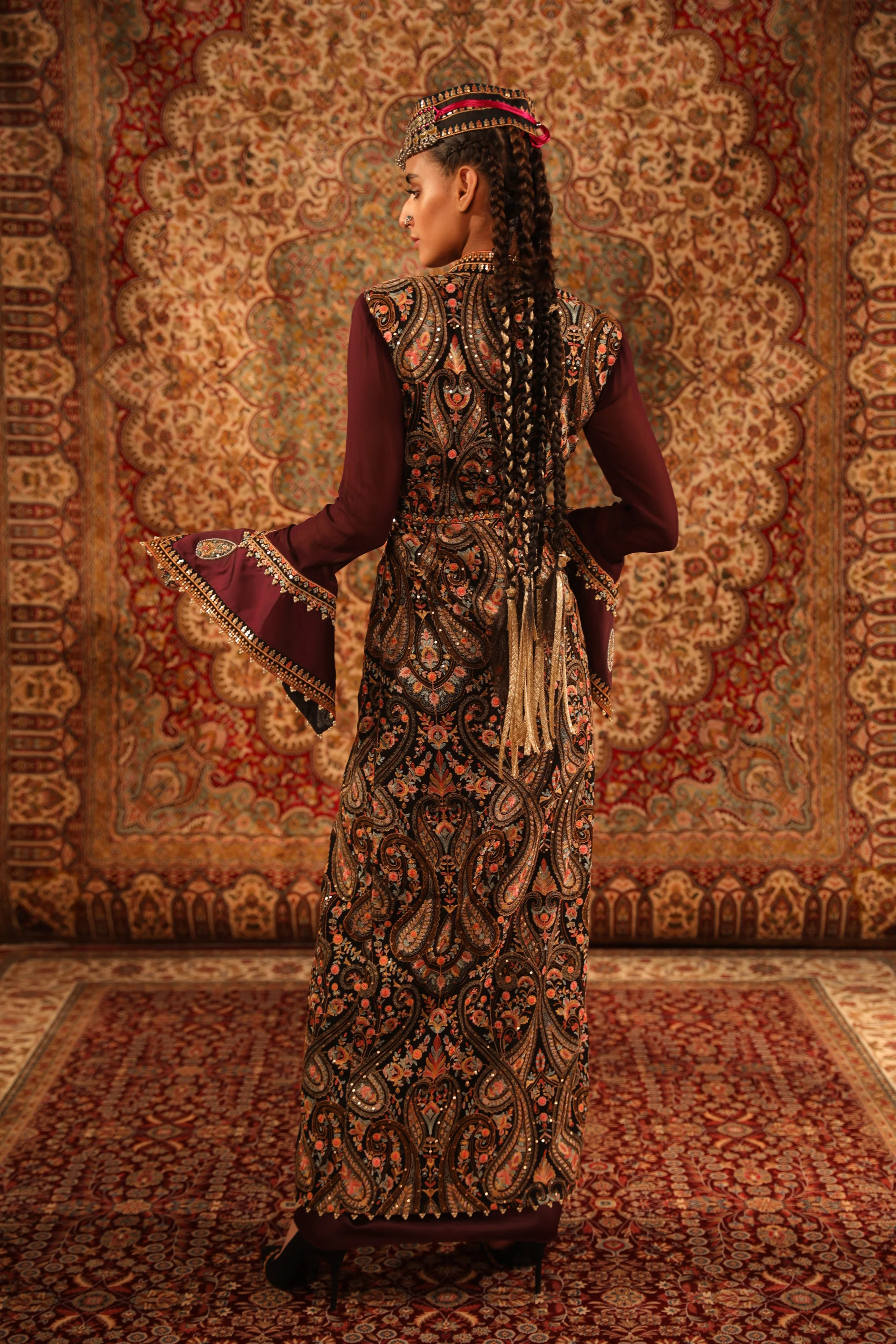 Wine Kashida jacket & draped skirt - Image 4