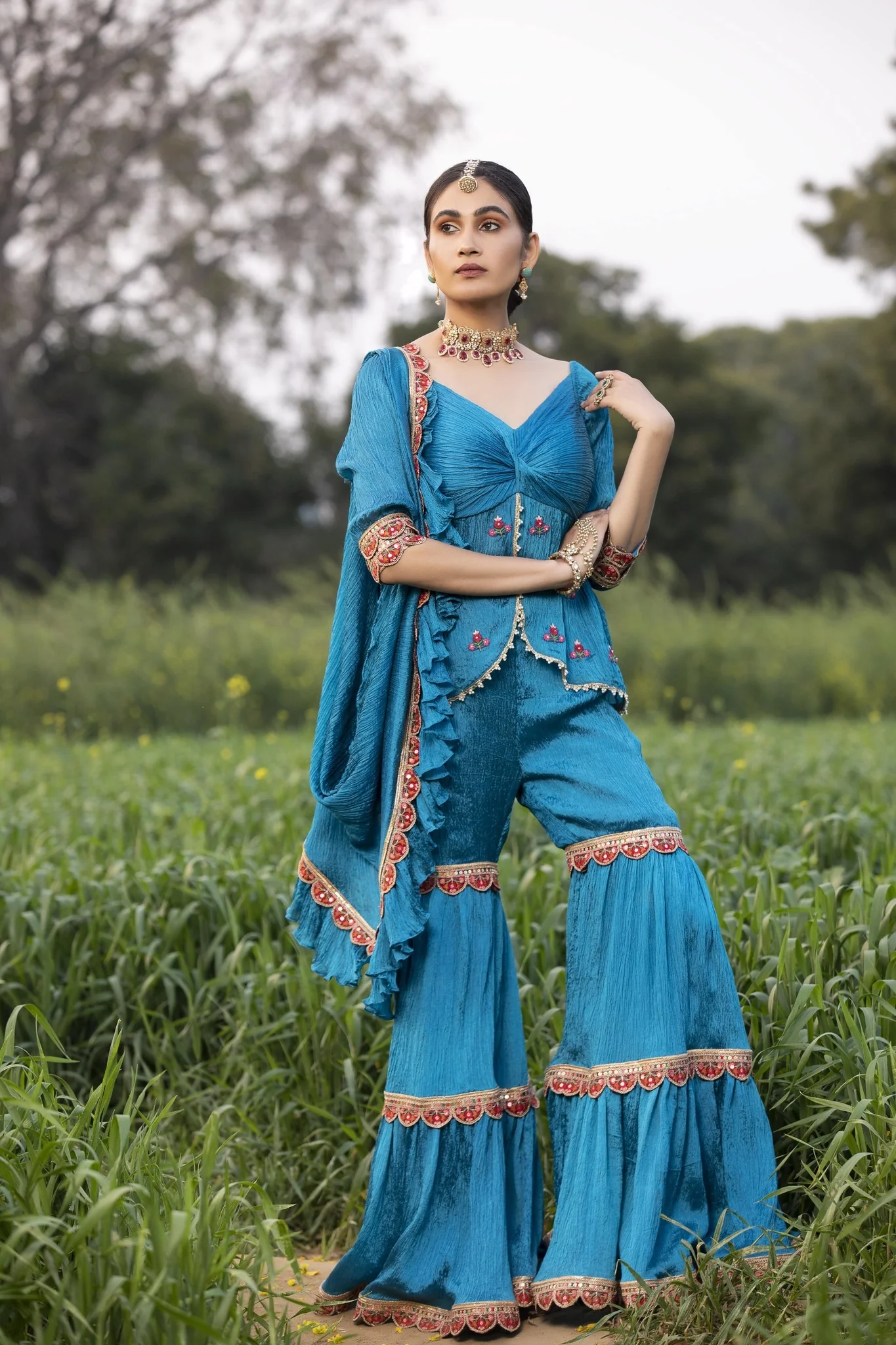 Firozi Hand-Crushed Cowl Draped Garara - Image 3