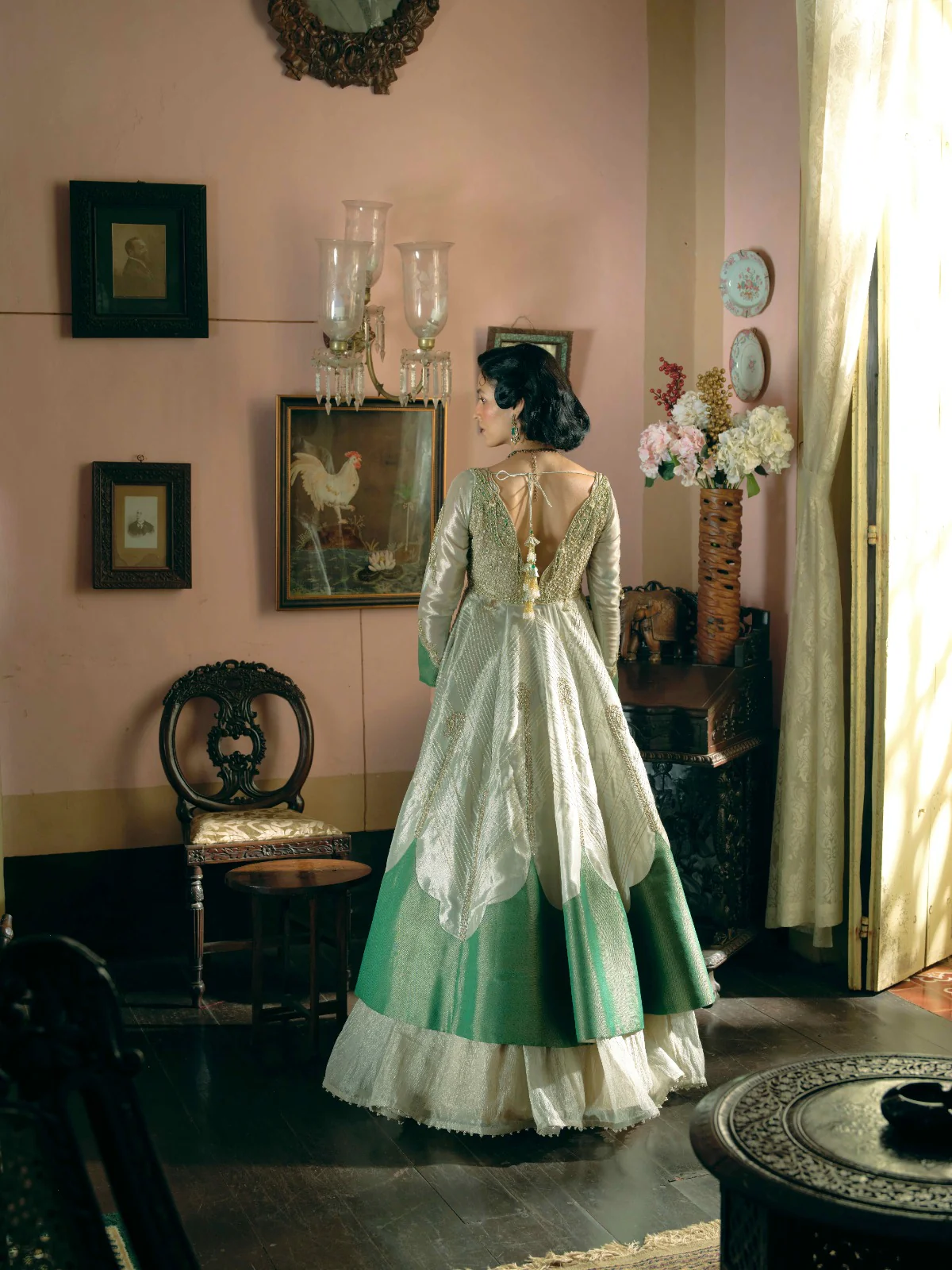Gauhar Khan in our Pearl gold silk zari tissue jacket with skirt set - Image 3
