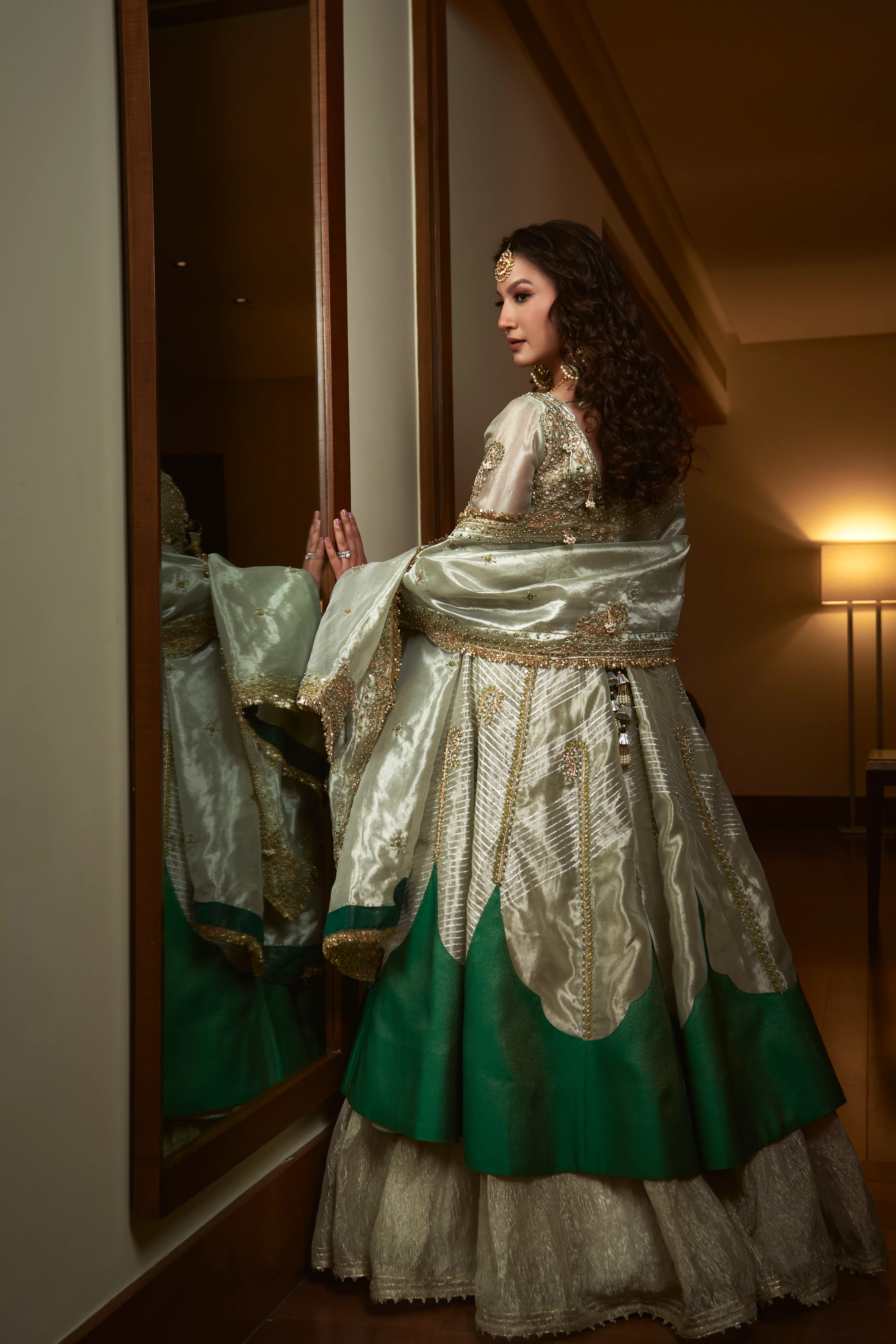 Gauhar Khan in our Pearl gold silk zari tissue jacket with skirt set - Image 4