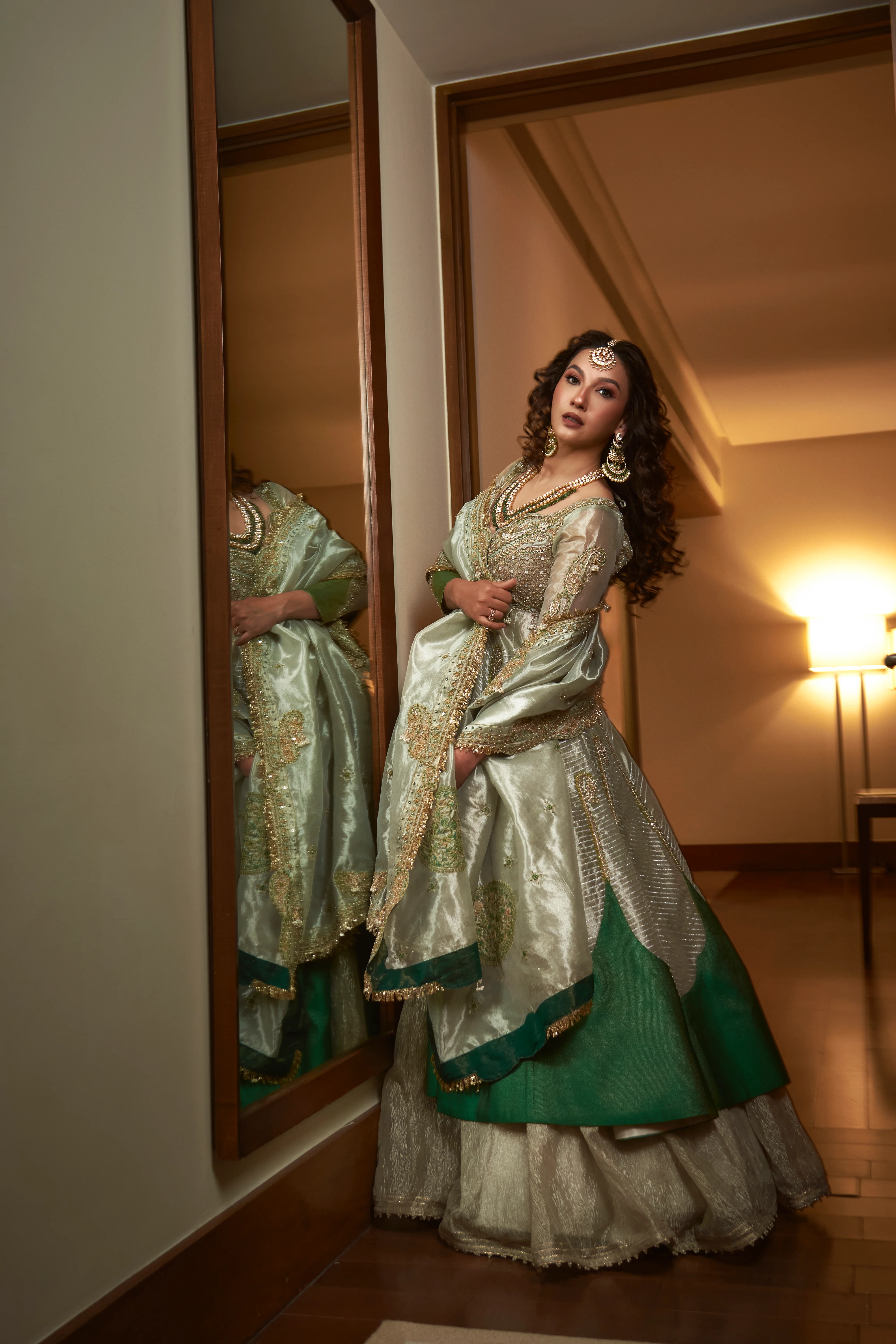 Gauhar Khan in our Pearl gold silk zari tissue jacket with skirt set - Image 5