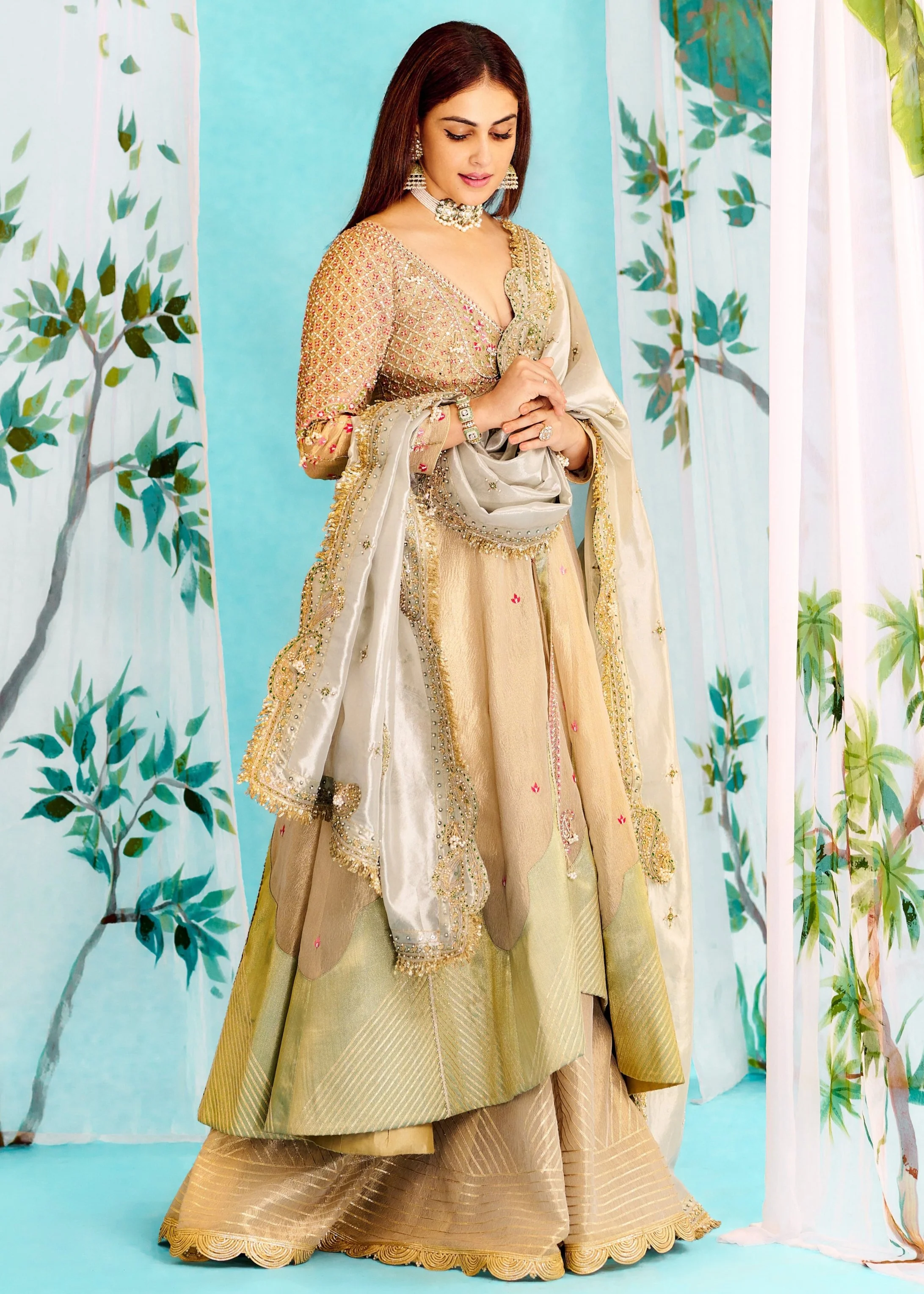 Pearl ivory silk zari tissue jacket with sharara and Dupatta - Image 6
