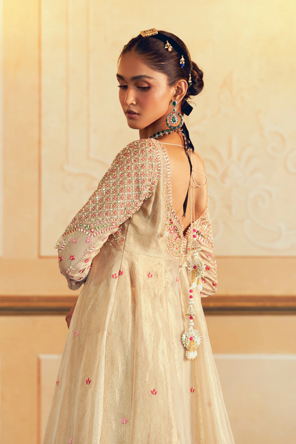 Pearl ivory silk zari tissue jacket with sharara and Dupatta - Image 3