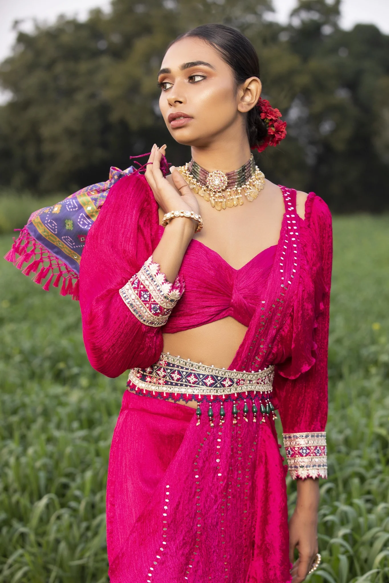 Hot Pink Hand-Crushed & Pleated Pure Silk Sharara - Image 3