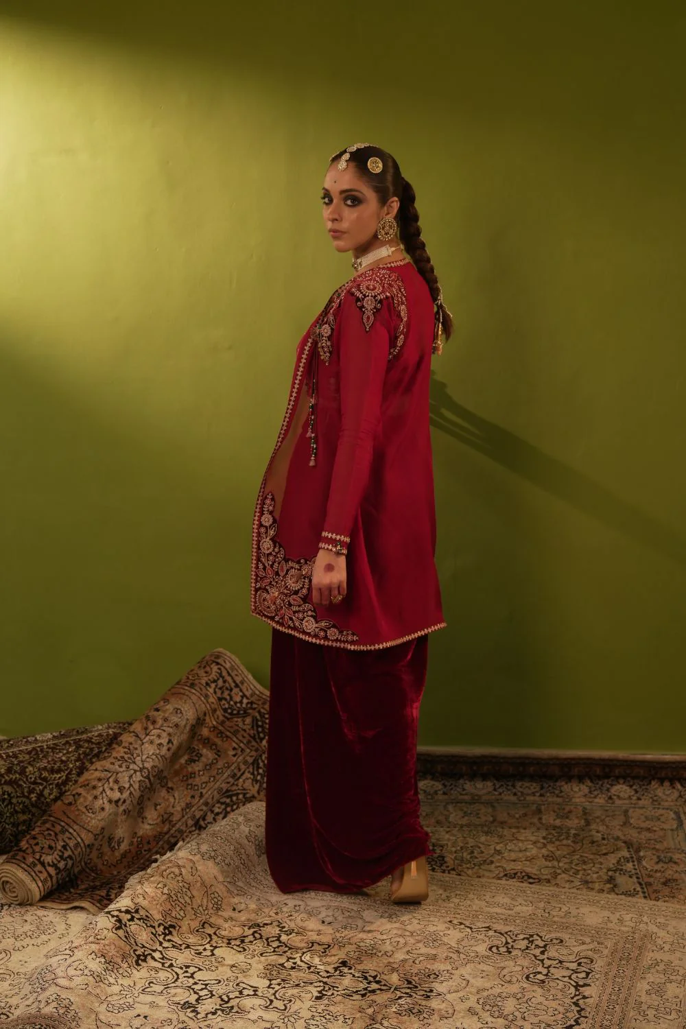 Long Wine Velvet Drape Skirt, Top And Jacket Set - Image 5