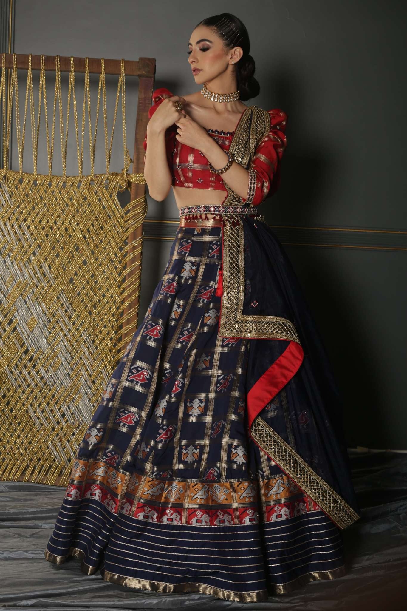 Midnight Blue Zardozi woven Patola Silk Lehenga - Image 3