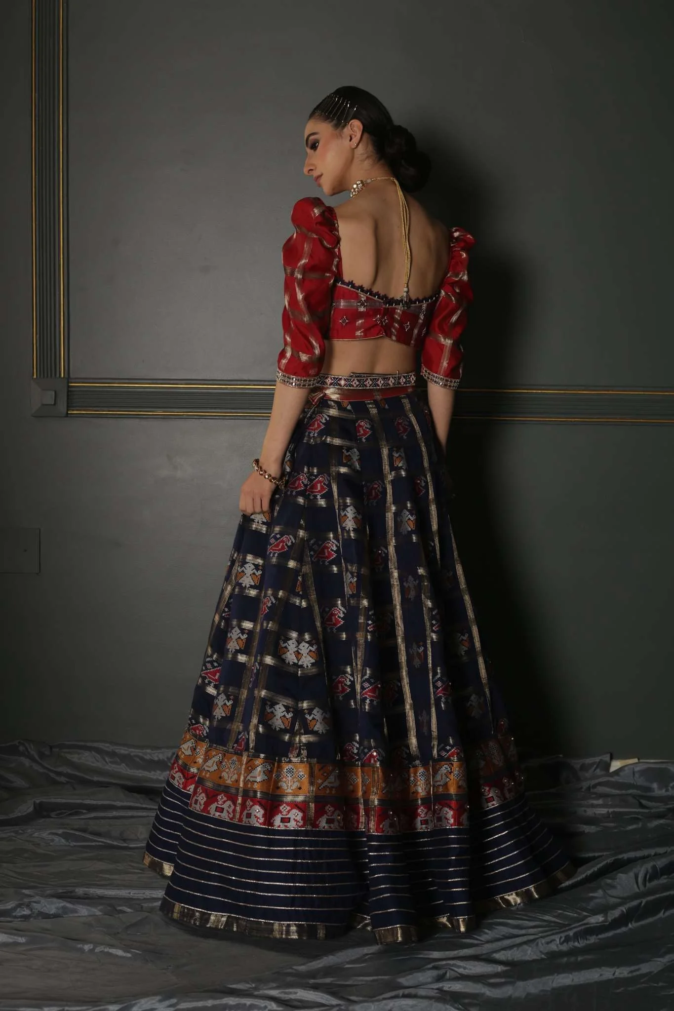 Midnight Blue Zardozi woven Patola Silk Lehenga - Image 6