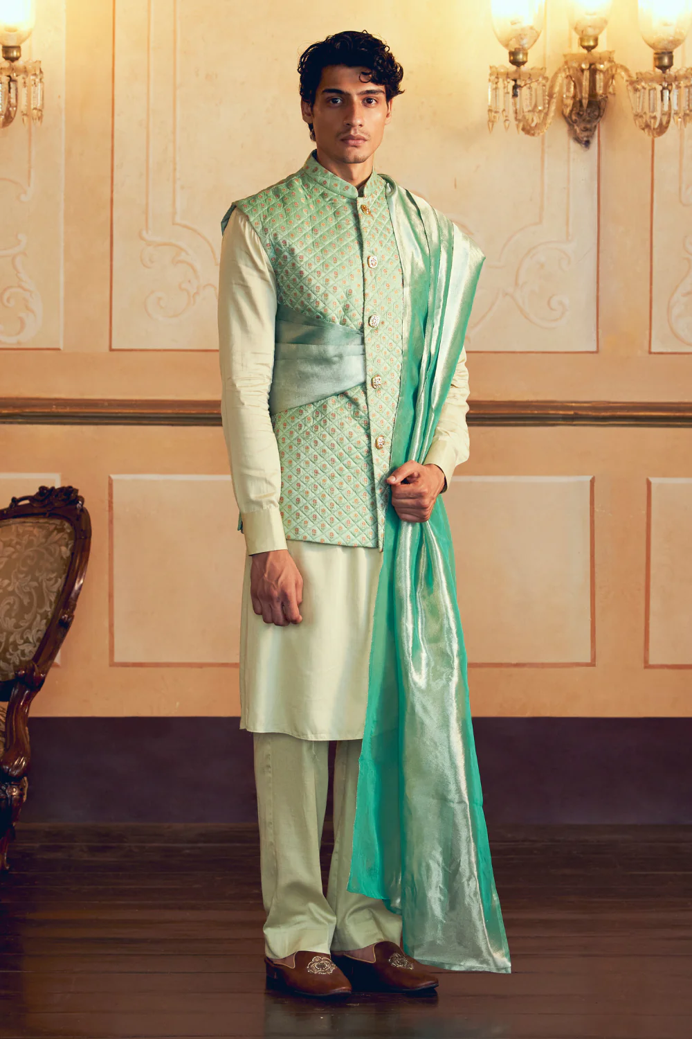 Mint Green Jacquard Banarasi men's jacket - Image 3