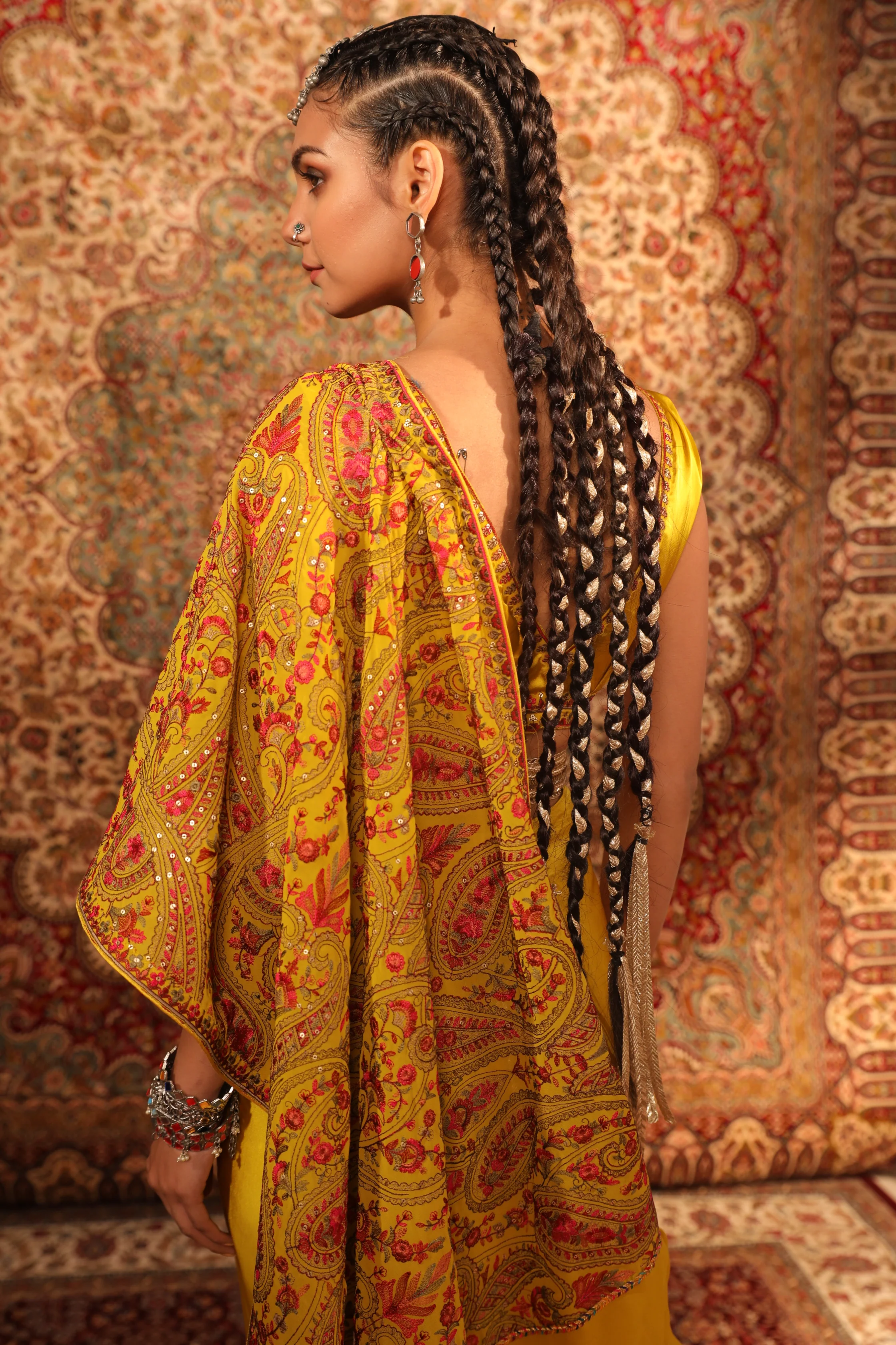 Mustard Kashida Draped Saree - Image 3