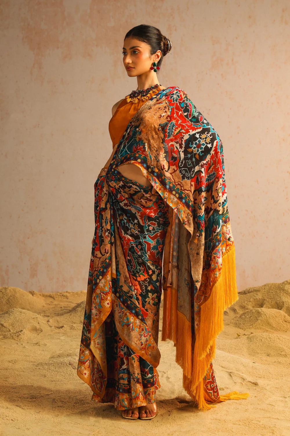Mustard yellow draped saree with halter neck blouse - Image 3
