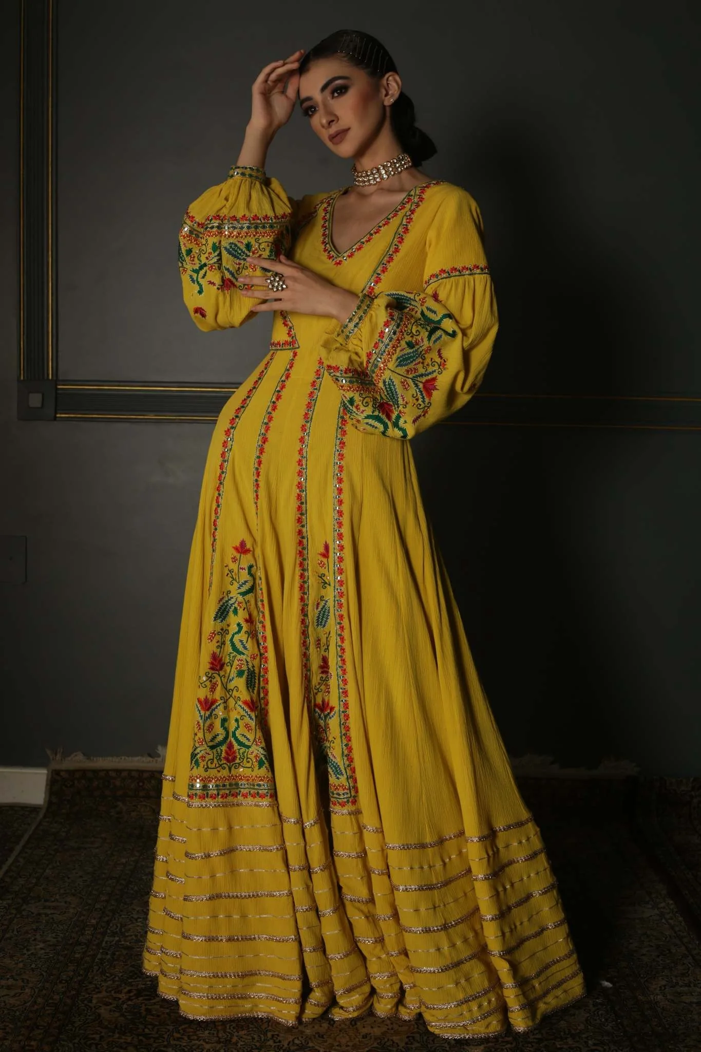 Mustard Yellow Hand-Embroidered Georgette Anarkali - Image 3