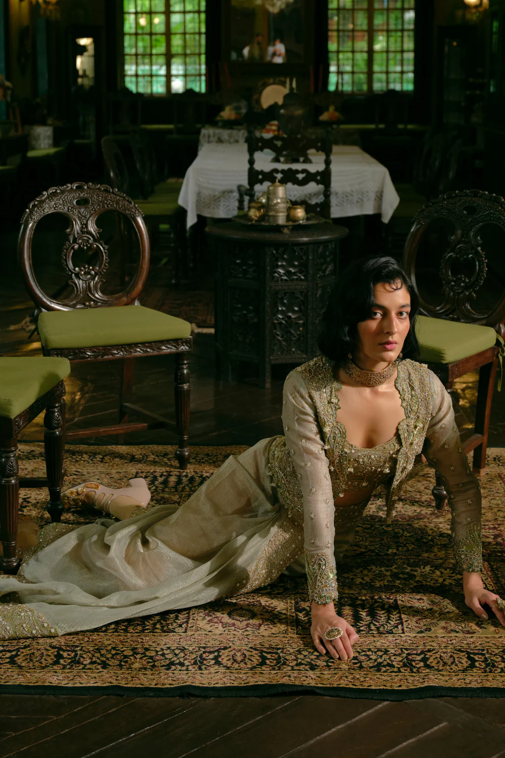 Pearl Gold silk zari tissue draped skirt and croped jacket - Image 4