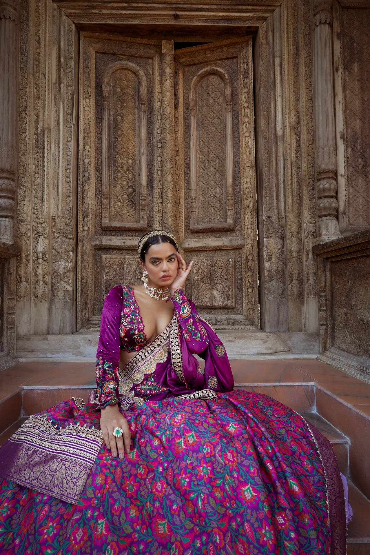 Purple Floral Silk-Velvet Jamawar Lehenga - Image 3