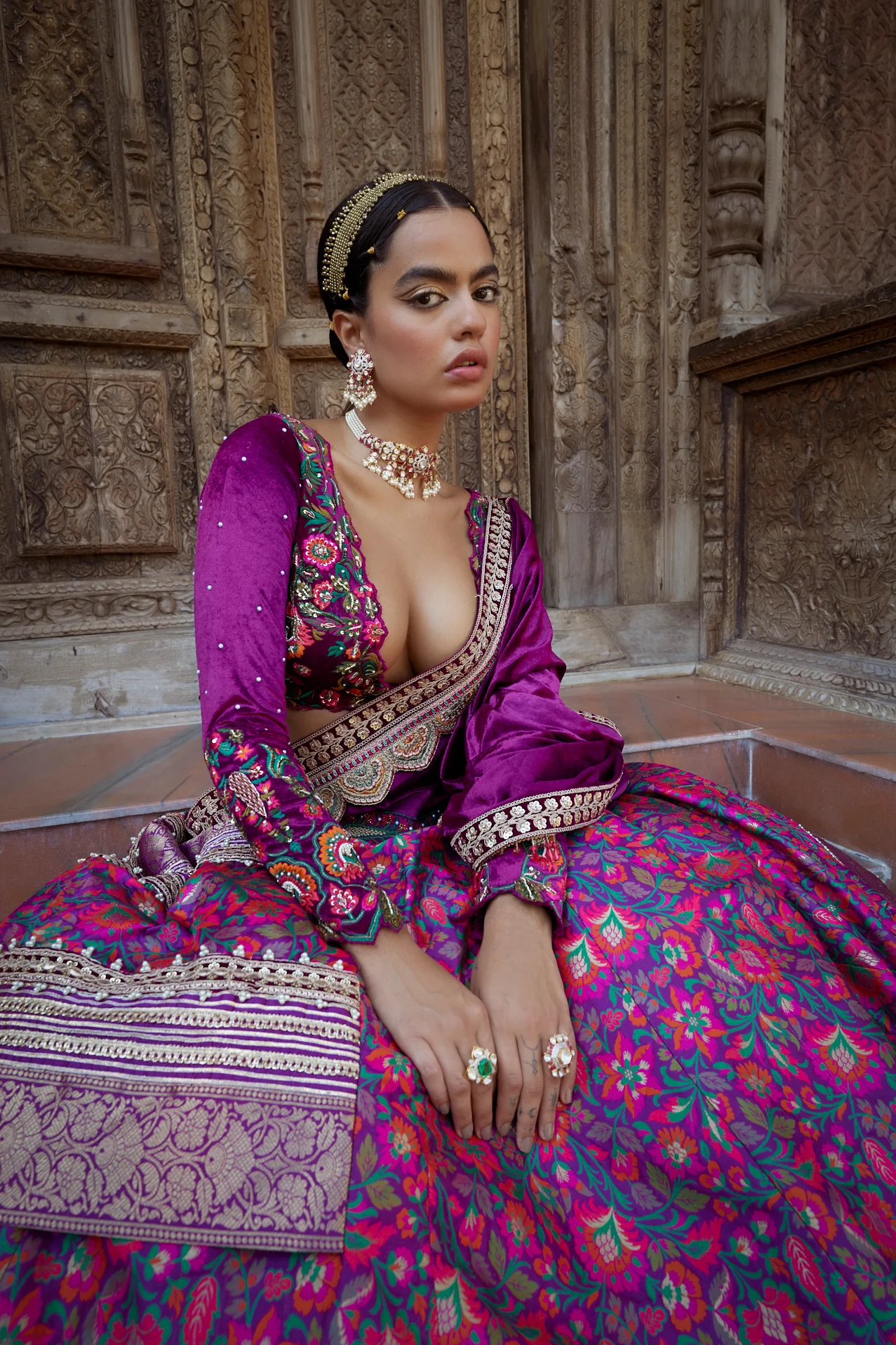 Purple Floral Silk-Velvet Jamawar Lehenga - Image 4