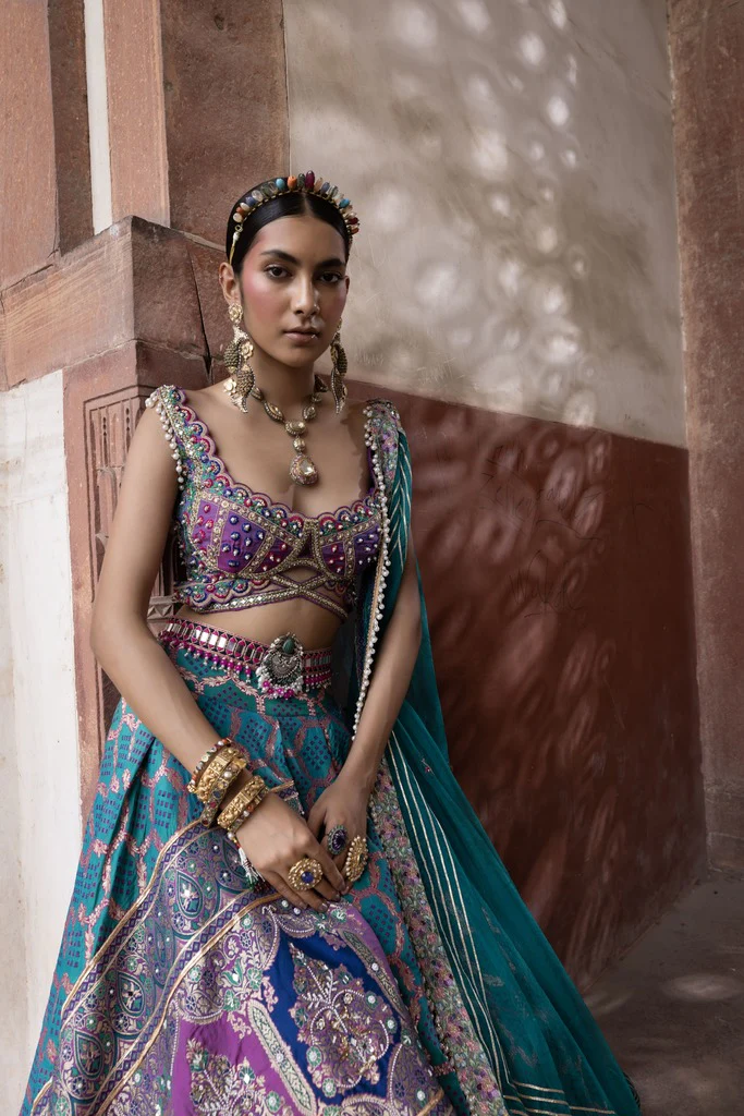 Teal Bandhani Banarasi Woven Lehenga - Image 4