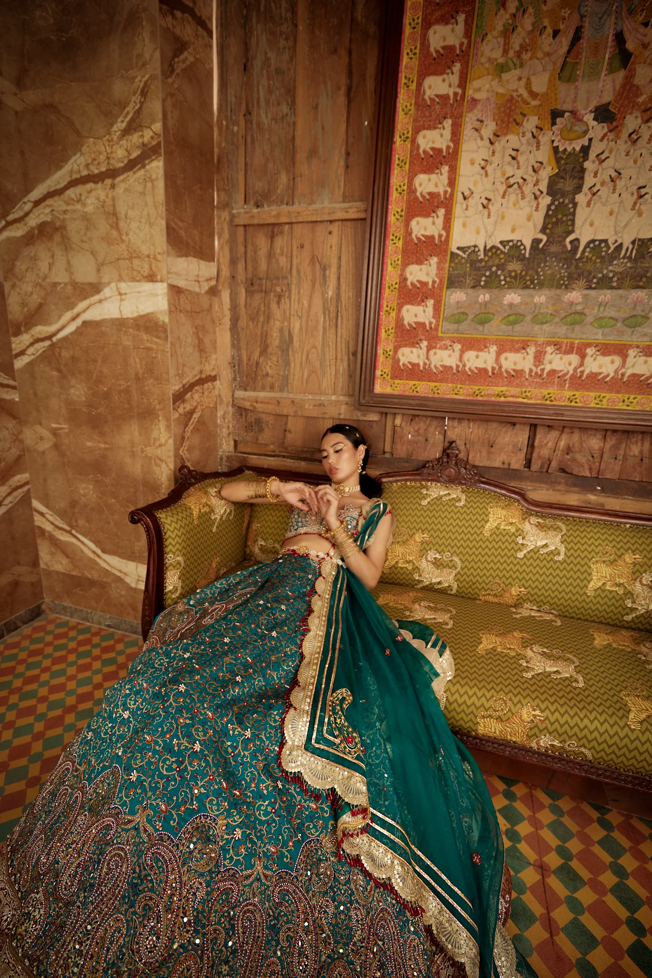 Teal Blue Jamawar Katan Silk Lehenga - Image 5
